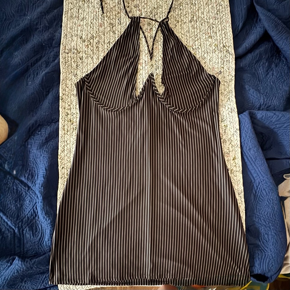 Black and White Striped Halter Dress